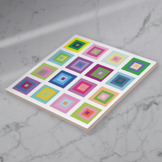 Modernes, farbenfrohes Quadrat-Muster aus dem Mitt Fliese (Modern Mid Century Colorful Squares Pattern Ceramic Tile)