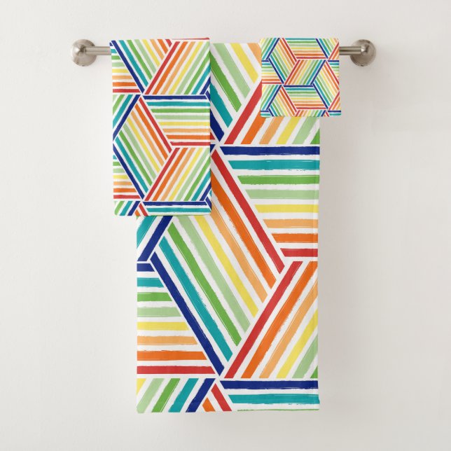 Modernes, farbenfrohes Rainbow Cube Pattern Badezi Badhandtuch Set (Insitu)