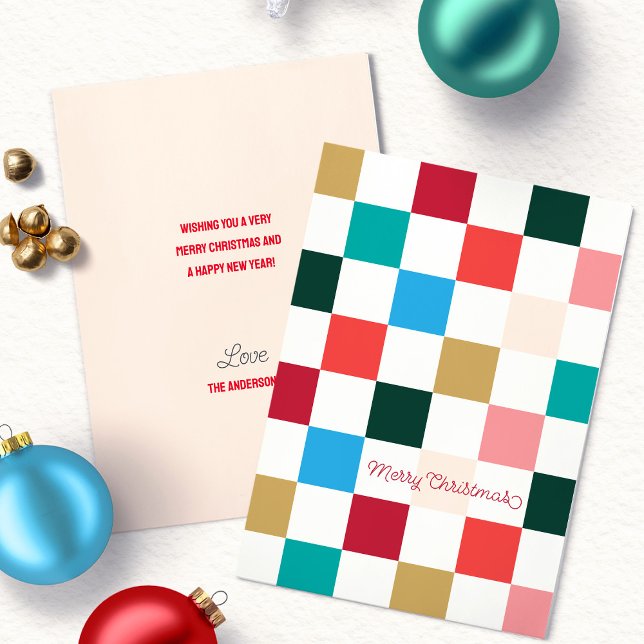 Modernes, farbenfrohes Schachbrett Feiertagskarte (Modern Colorful Checkerboard Merry Christmas Script Typography flat holiday card)