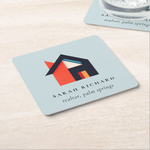 Modernes Farbhaus-Logo Realtor Blau Rot Orange Rechteckiger Pappuntersetzer