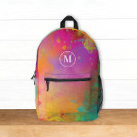 Modernes farbiges Lackfarbenmonomgramm Bedruckter Rucksack<br><div class="desc">Dieses lustige Rucksack-Design verfügt über einen farbenfrohen Aquarellhintergrund in den Farben Magenta,  Orange,  Grün und Gelb. Sie können es mit Ihrem eigenen Monogramm auf der Vorderseite anpassen. Es ist ein cool modernes Design für Kinder und sogar Erwachsene!</div>