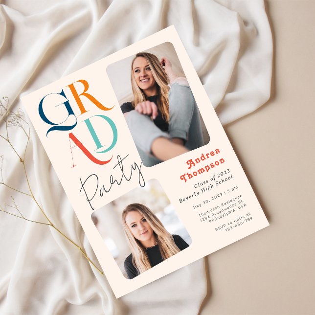Modernes, farbiges Retro-Abschluss mit zwei Fotos Einladungspostkarte (Von Creator hochgeladen)