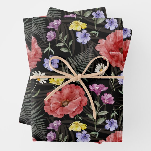 Modernes Farbmodell mit schwarzer Wildblume Geschenkpapier Set (Beispiel)