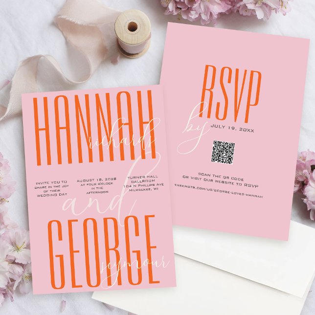 Modernes, feines Rosa und orangefarbener QR-Code E Einladung (Modern Bold Pink and Orange Colorful Typography unique all-in-one QR code rsvp wedding invitation)