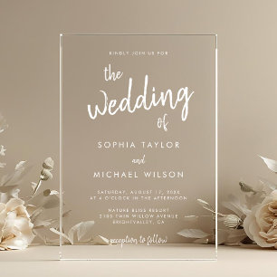 Modernes, feines Script White Wedding Acryleinladungen