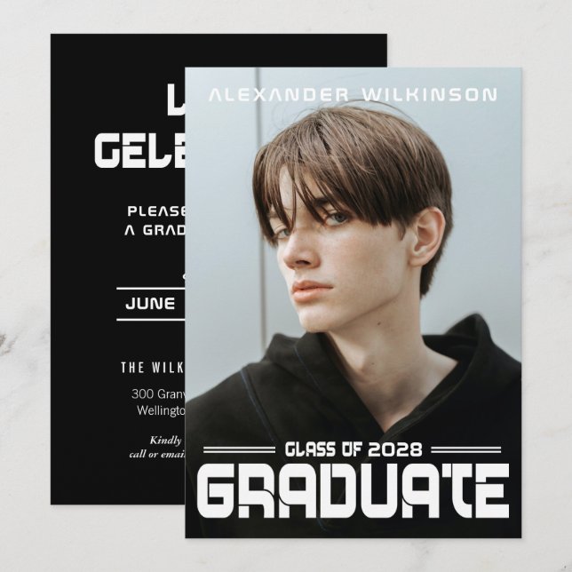 Modernes, feines Skript Schwarz-weißer Typ Foto Gr Einladung (Vorne/Hinten)