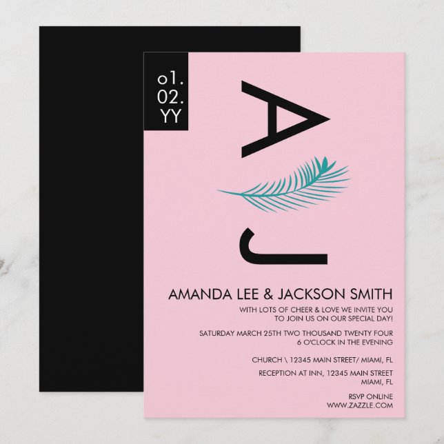 Modernes, feines tropisches Palmenblatt Aquamarin  Einladung (Vorne/Hinten)