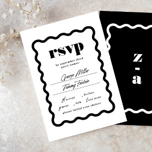 Modernes, feines Wavy Frame Schwarz-weiße Hochzeit RSVP Karte