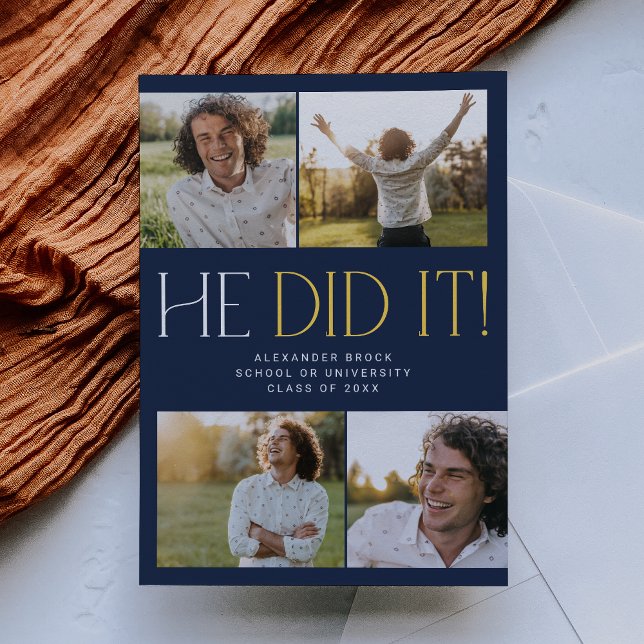 Modernes Fete Navy Gold machte er es Foto Abschlus Ankündigung (Von Creator hochgeladen)