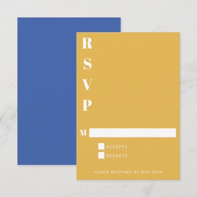 Modernes, fett Blau und Gelb, einfach vertikal RSVP Karte (Vorne/Hinten)