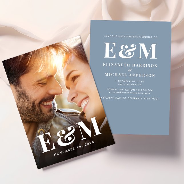 Modernes fett Monogram Initials Foto Dusty Blue Save The Date (Von Creator hochgeladen)