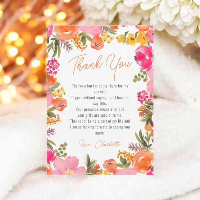 Modernes, fett orangefarbenes Brautparty von Blume Dankeskarte (Modern bold orange flowers script bridal shower thank you card)