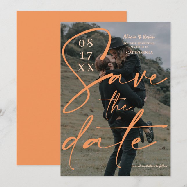 Modernes, fett orangefarbenes Drehbuch Save the Da Date (Vorne/Hinten)