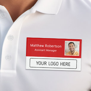 Modernes Firmenlogo rotes Mitarbeiterfoto Namenschild