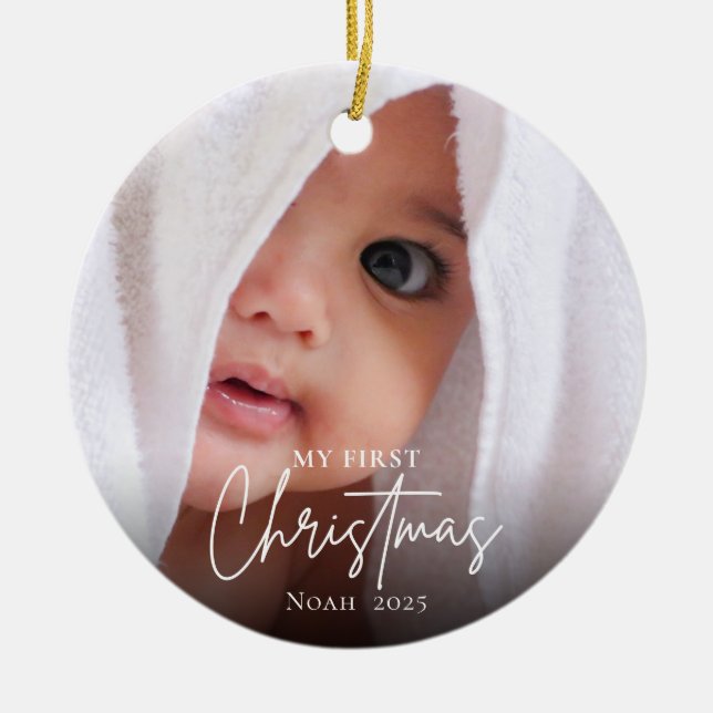 Modernes First Christmas Baby Foto Name Elegant Keramik Ornament (Vorne)