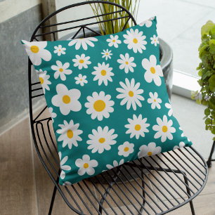 Modernes Flachbild-Graphic Daisy Aquamarin Blue Kissen