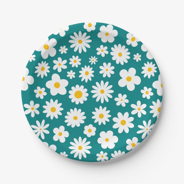 Modernes Flachbild-Graphic Daisy Aquamarin Blue Pappteller (Vorderseite)