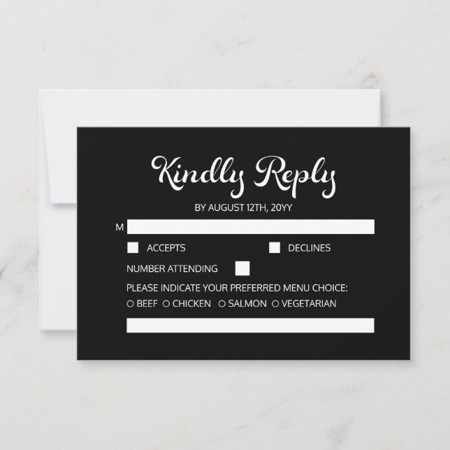 Modernes Flair Script Minimalistisch Black Wedding RSVP Karte (Vorderseite)