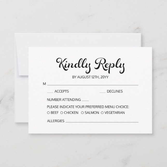 Modernes Flair Script Minimalistisch White Wedding RSVP Karte (Vorderseite)