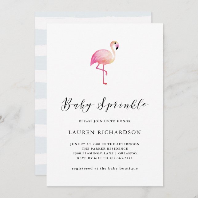 Modernes Flamingo | Einladung von Baby Sprinkle (Vorne/Hinten)