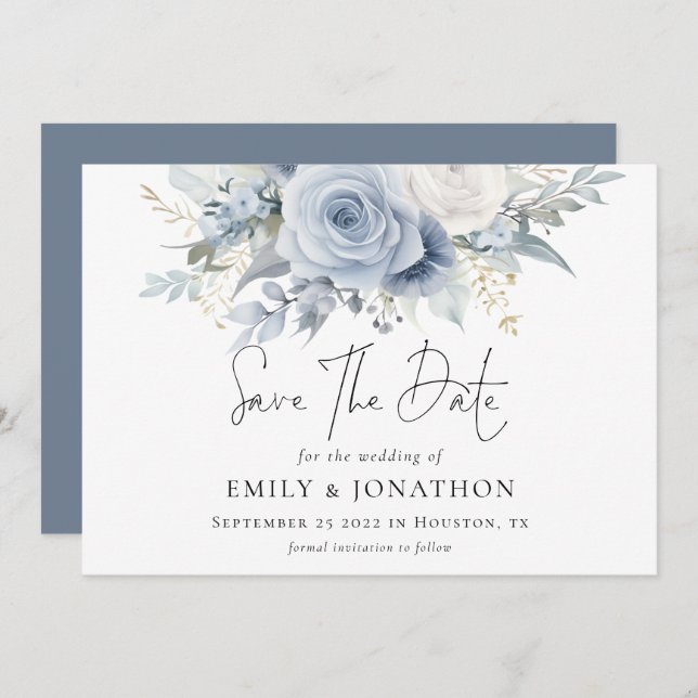 Modernes Florals Dusty Blue QR Code Wedding Save The Date (Vorne/Hinten)