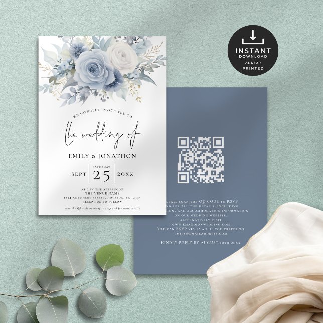 Modernes Florals QR Code Dusty Blue Wedding Einladung (Front and back view)