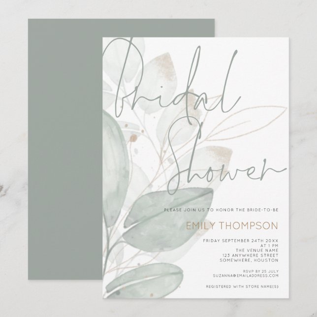 Modernes Foliage Gold Script-Brautparty Einladung (Vorne/Hinten)