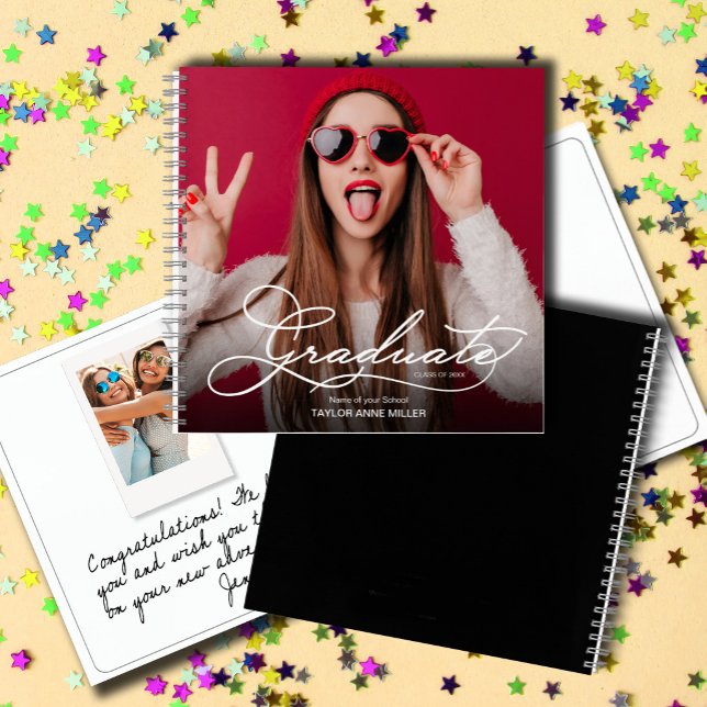 Modernes Foto Abschluss Gästebuch Notizbuch (Graduation guest book with your photo on the front and a message on back. SOFT or HARD cover.)