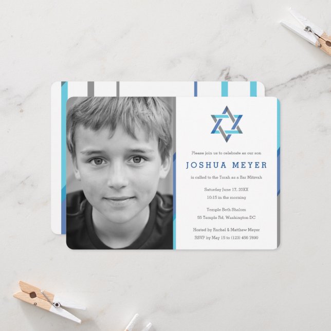 Modernes Foto Bar Mitzvah Einladungen | Blau + Aqu (Vorderseite/Rückseite Beispiel)