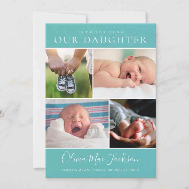 Modernes Foto Collage Aquamarin Baby Girl Birth Ankündigung (Vorderseite)