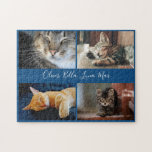 Modernes Foto Collage benutzerdefinierter Skriptna Puzzle<br><div class="desc">Erstellen Sie Ihre eigene moderne Foto-Collage mit 4 Aufnahmen in zwei Reihen von zwei durch dünne blaue Ränder getrennten Bildern mit einem größeren dunkelblauen Raum in der Mitte mit Ihrem individuelle Name(en) in einem eleganten, handgeschriebenen Skript-Schriftart. Fügen Sie Ihre Namen und/oder Text und Fotos in die Sidebar, um sie zu...</div>
