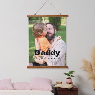 Modernes Foto Daddy & Baby Name Keepake Wandteppich Mit Holzrahmen