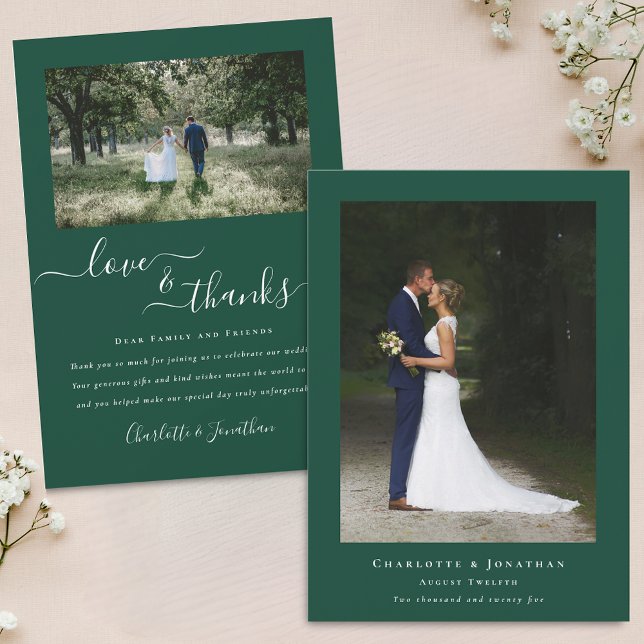 Modernes Foto dank grüner Hochzeit Dankeskarte (Modern 2 photo love and thanks green wedding thank you card landscape and portrait photograph)