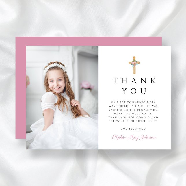Modernes Foto der Blumenkreuz Dankeskarte (Modern Floral Cross First Communion Photo Thank You Card)