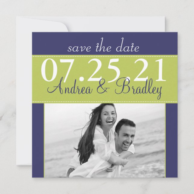Modernes Foto der Grünen Marine Blue Wedding Save  Save The Date (Vorderseite)