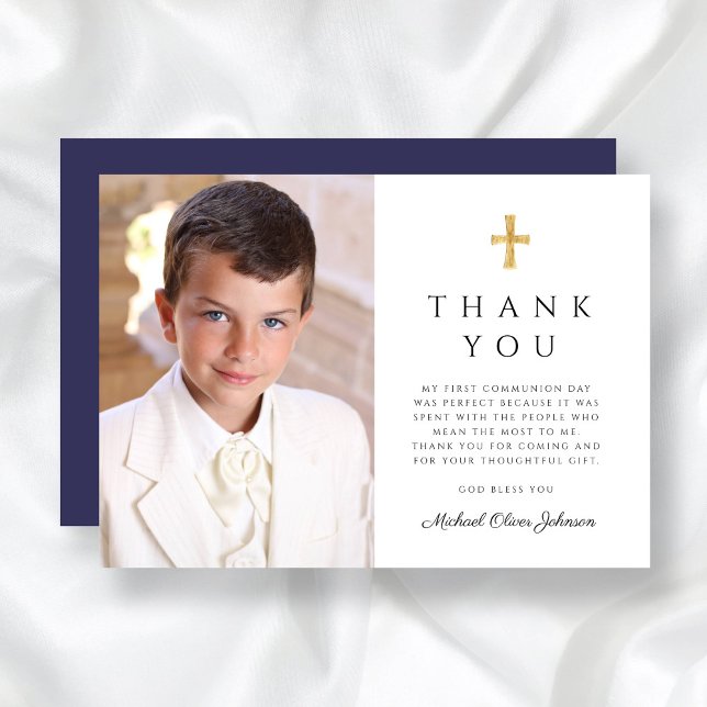 Modernes Foto der Marine Blue Cross Boy Erste Komm Dankeskarte (Modern Navy Blue Cross Boy First Communion Photo Thank You Card)