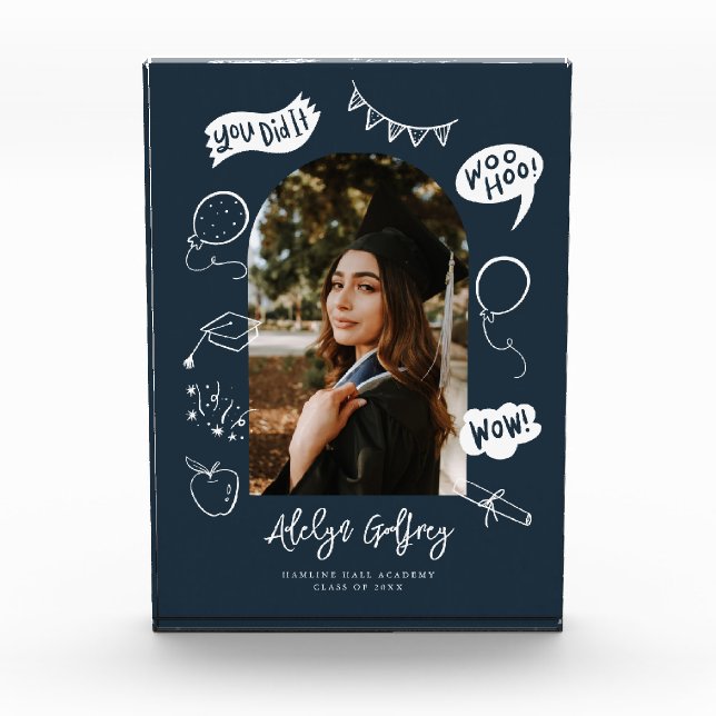 Modernes Foto Doodle Abschluss Navy Blue Keepake (Vorderseite)