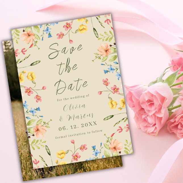 Modernes Foto Einfache Wildblumen Beige Save The Date (Von Creator hochgeladen)