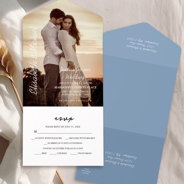 Modernes Foto Elegant Dusty Blue Wedding All In One Einladung (Simplify your wedding with our all-in-one invitation – convenience and beauty in a single card.)