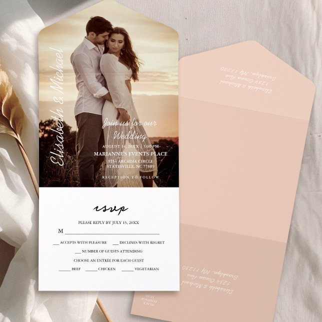 Modernes Foto Elegante Peach Wedding All In One Einladung (Simplify your wedding with our all-in-one invitation – convenience and beauty in a single card.)