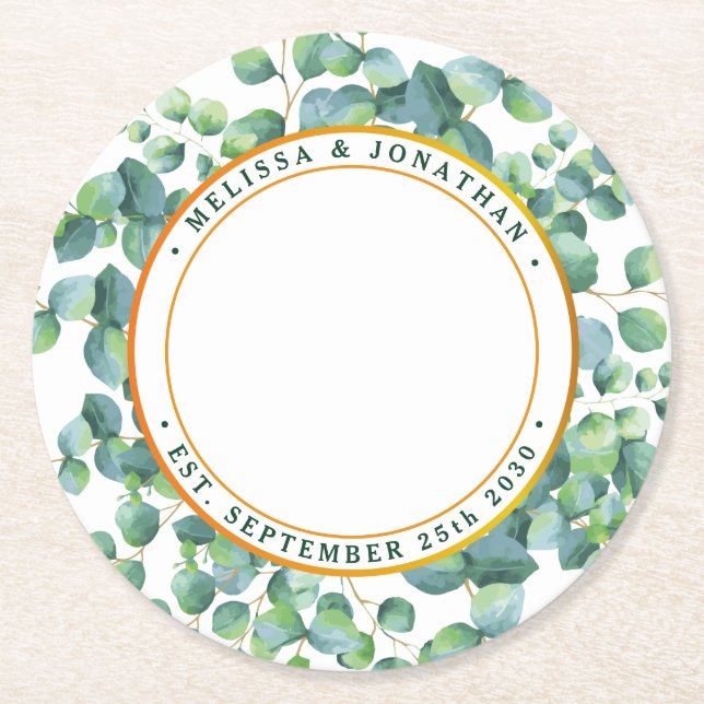 Modernes Foto Eukalyptus Greenery Gold Wedding Runder Pappuntersetzer (Vorderseite)