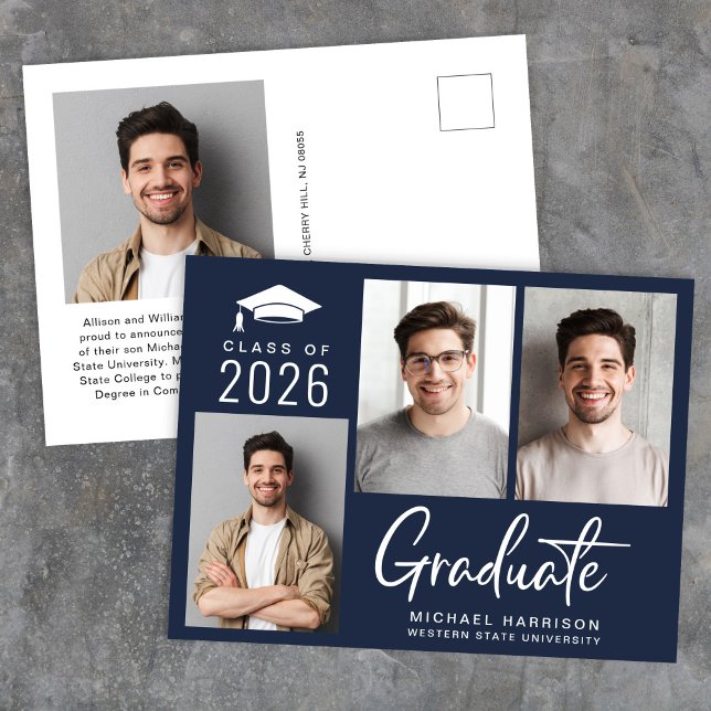 Modernes Foto Fett Schrift Blau Abschluss Ankündigungspostkarte (Modern Photo Bold Script Blue Graduation Announcement Postcard)