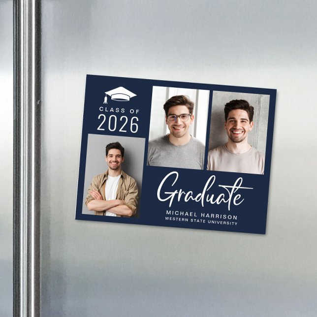Modernes Foto Fett Schrift Blau Abschluss Magneteinladung (Modern Photo Bold Script Blue Graduation Magnetic Announcement)