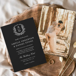 Modernes Foto Floral Wappen Monogramm Hochzeitsfei Einladung