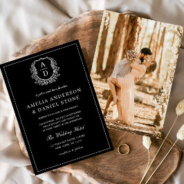 Modernes Foto Floral Wappen Monogramm Hochzeitsfei Einladung