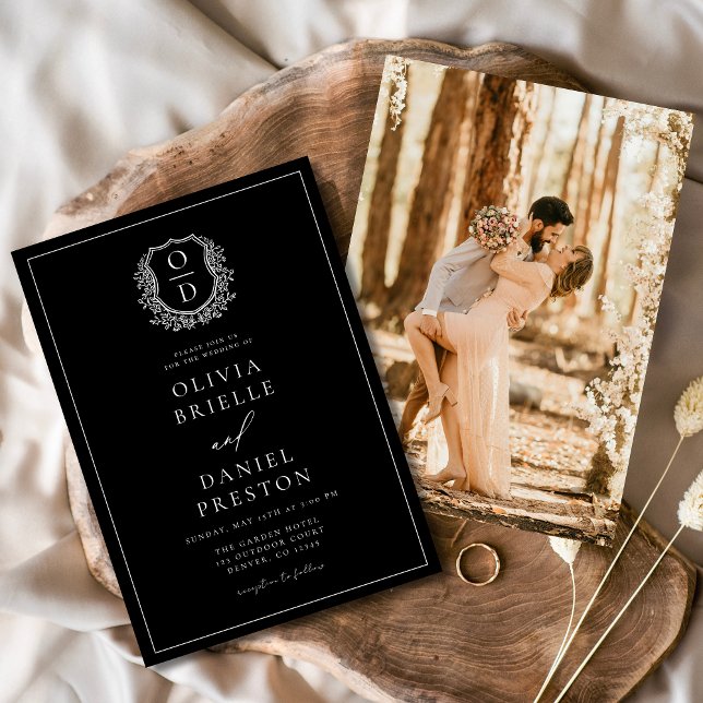 Modernes Foto Floral Wappen Monogramm Hochzeitsfei Einladung (Von Creator hochgeladen)