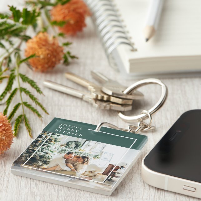 Modernes Foto | Freude gesegnet | Grün Schlüsselanhänger (Vorderseite rechts)