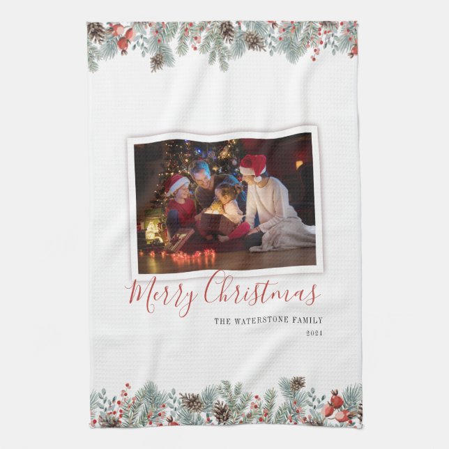 Modernes Foto frohe Weihnachten Rustikal Geschirrtuch (Vertikal)