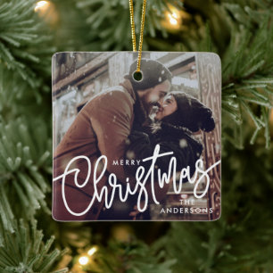 Modernes Foto Frohe Weihnachtsschrift Trendy Coupl Keramikornament