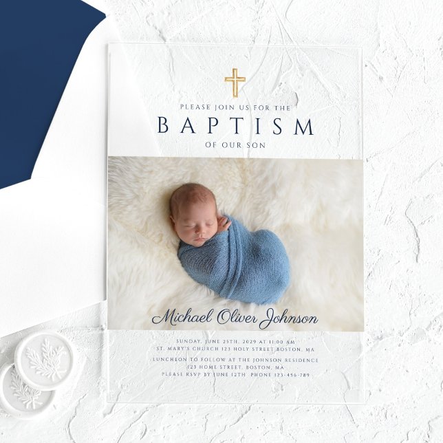 Modernes Foto für die Taufe des Blauen Marschalls Acryleinladungen (Modern Navy Blue Religious Cross Boy Baptism Photo Acrylic Invitations)